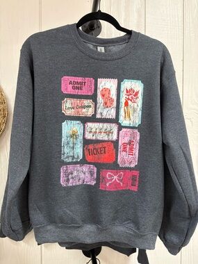 Gildan Charcoal Gray Crewneck Sweatshirt with Pink & Light Blue Ticket Print